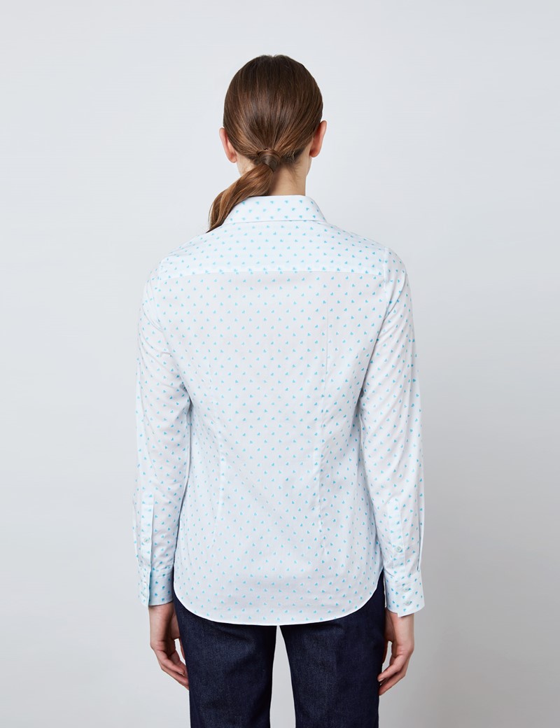 Women's White & Light Blue Dobby Hearts Design Semi Fitted Shirt 