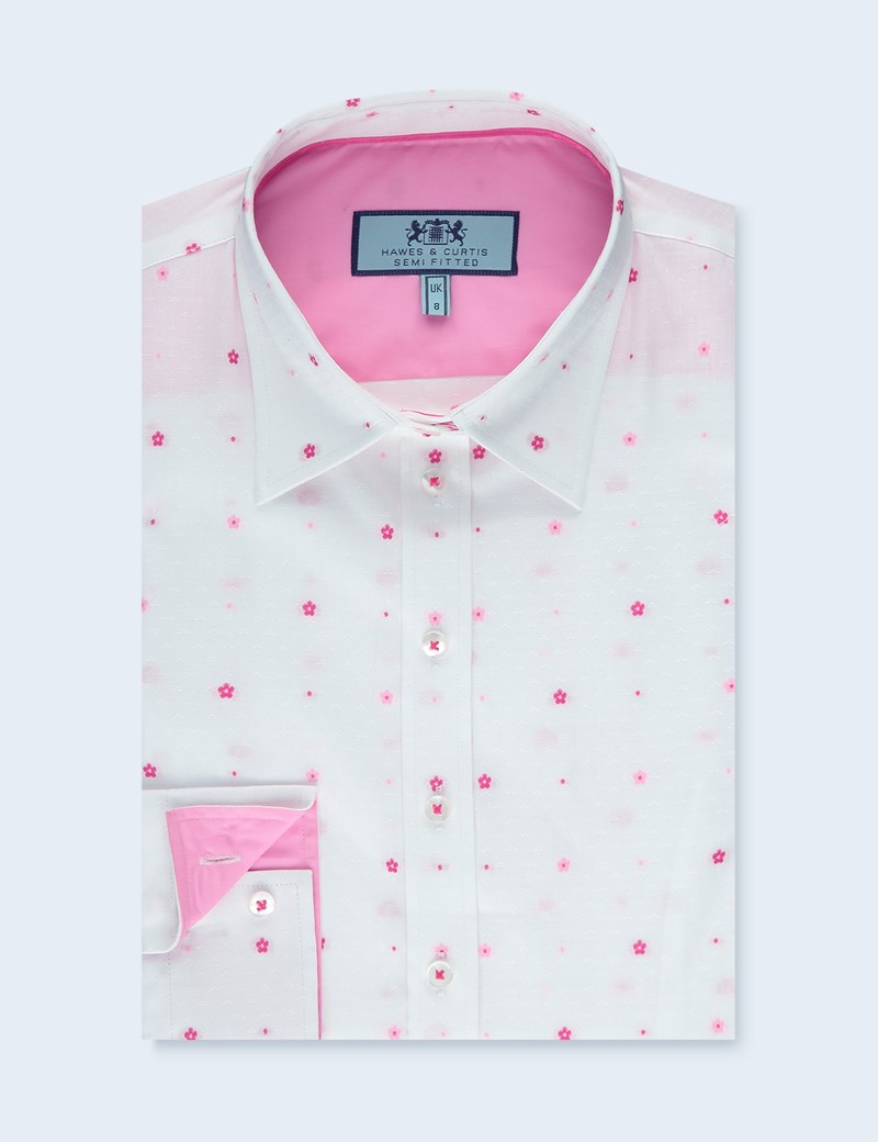 Women's White & Pink Dobby Floral Semi Fitted Shirt 