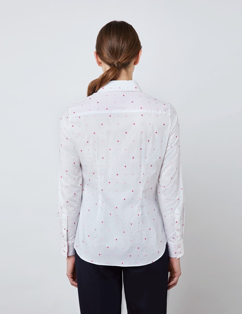 Women's White & Pink Dobby Floral Semi Fitted Shirt 