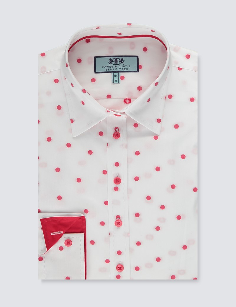 Women's White & Red Dobby Spots Semi Fitted Shirt 