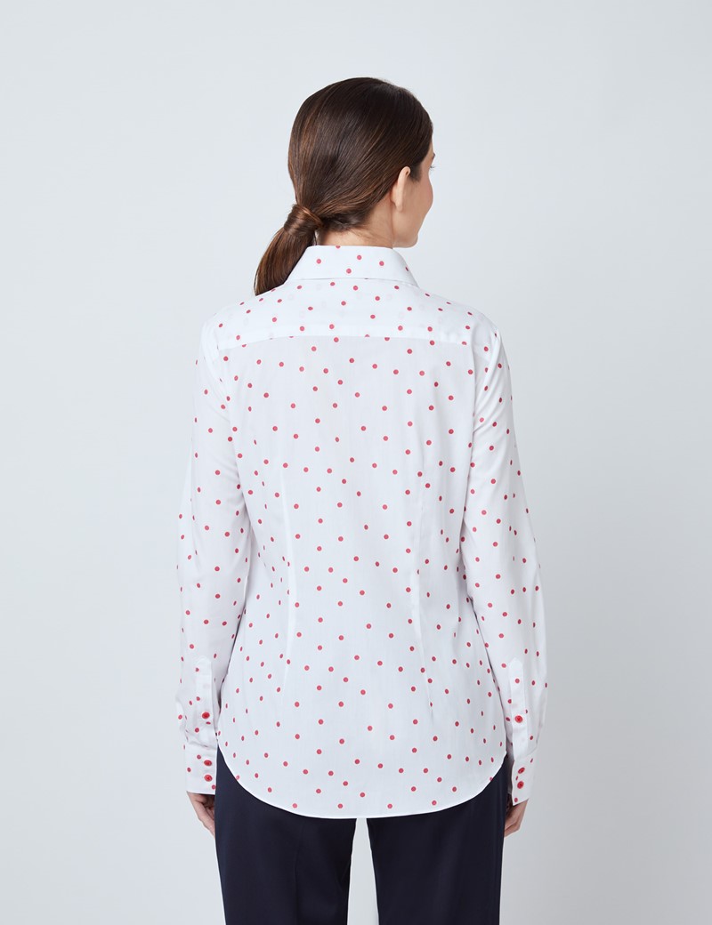 Women's White & Red Dobby Spots Semi Fitted Shirt 