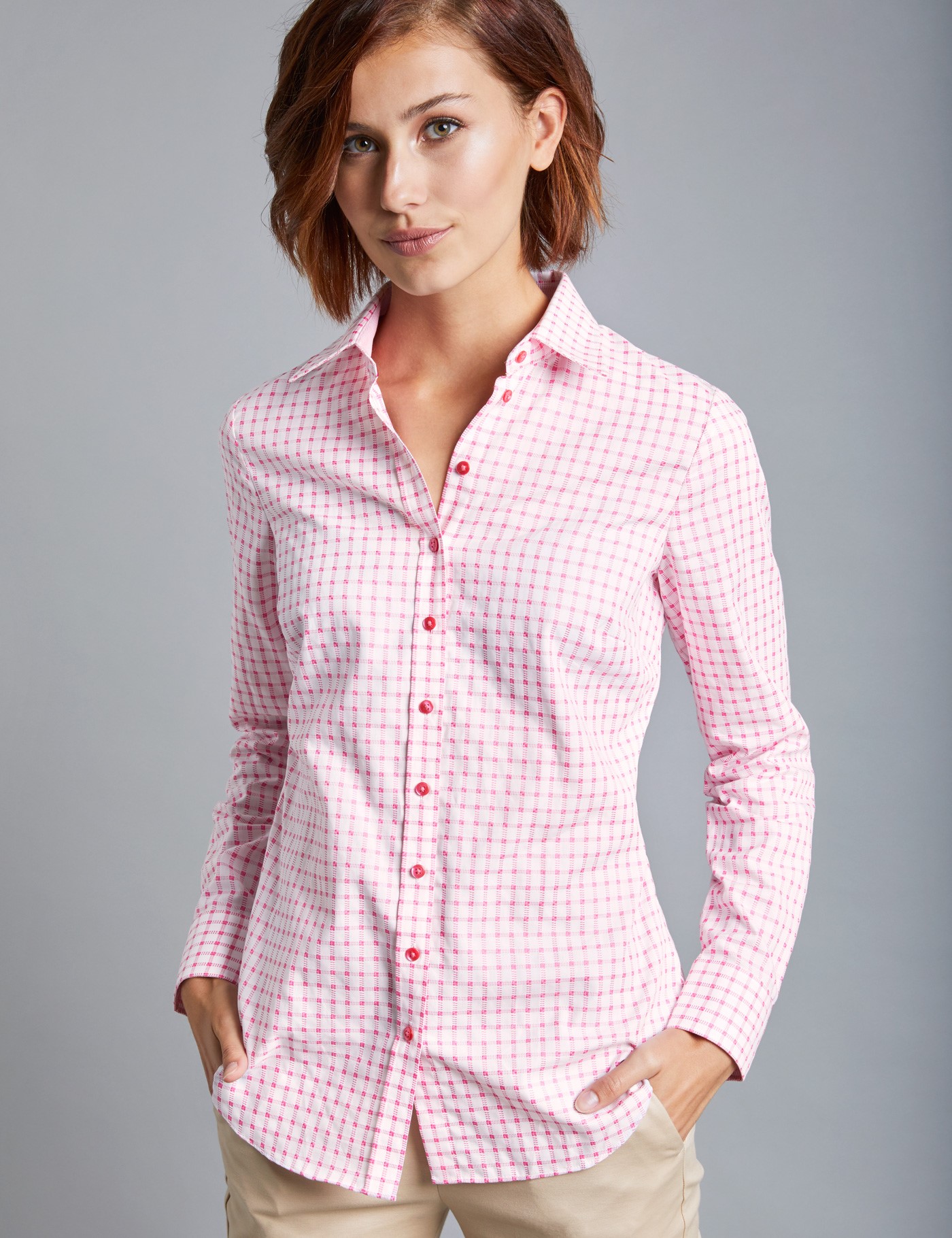 Womens White And Pink Medium Check Semi Fitted Shirt Single Cuff Hawes And Curtis 