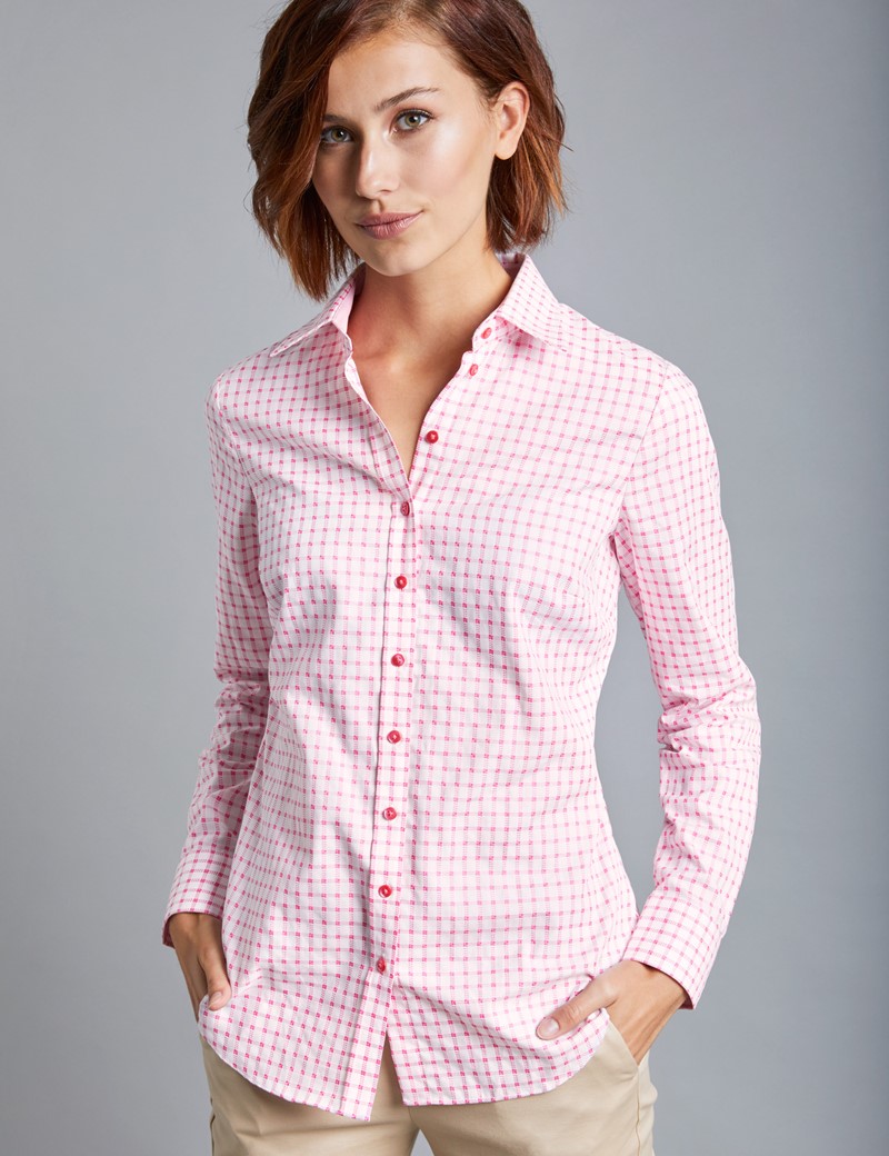 Women's White & Pink Medium Check SemiFitted Shirt Single Cuff