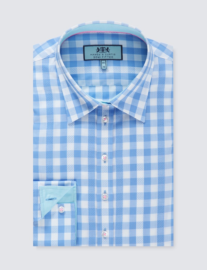 Women's Blue & White Multi Plaid Semi Fitted Shirt with Contrast Detail ...