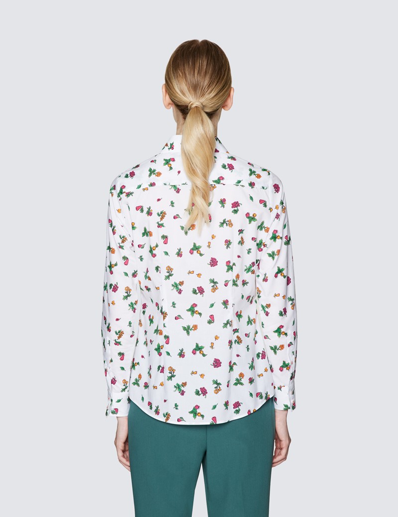 Women's Cream & Red Floral Print Semi Fitted Cotton Shirt 