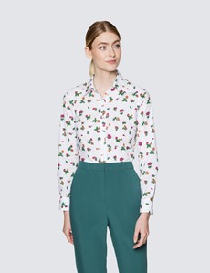 Women's Cream & Red Floral Print Semi Fitted Cotton Shirt 