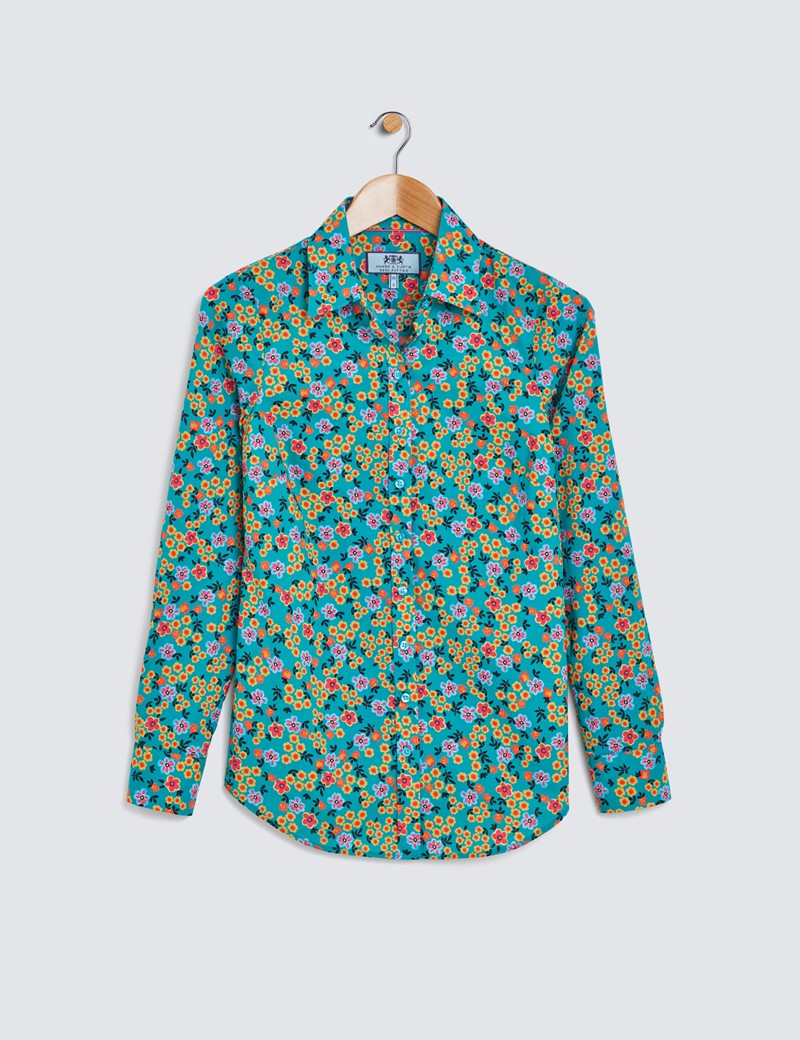 Women's Green & Orange Floral Print Semi Fitted Cotton Shirt 