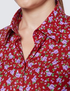 Women's Red & Purple Vintage Roses Print Semi Fitted Cotton Shirt