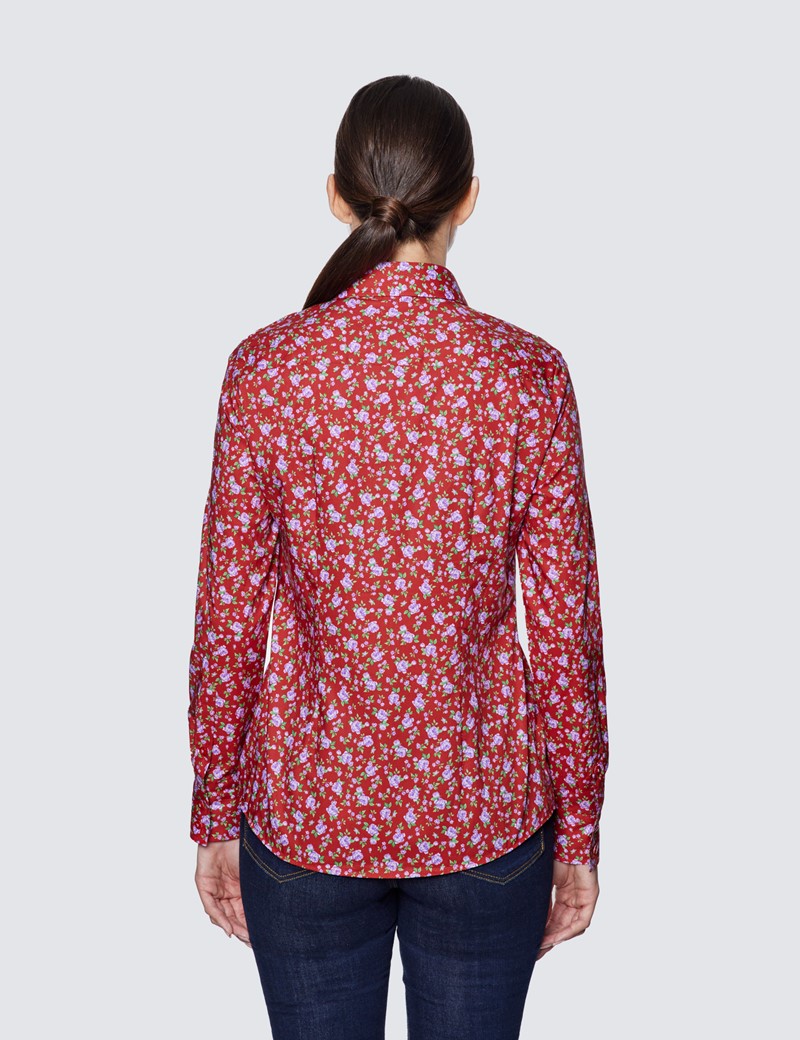 Women's Red & Purple Vintage Roses Print Semi Fitted Cotton Shirt