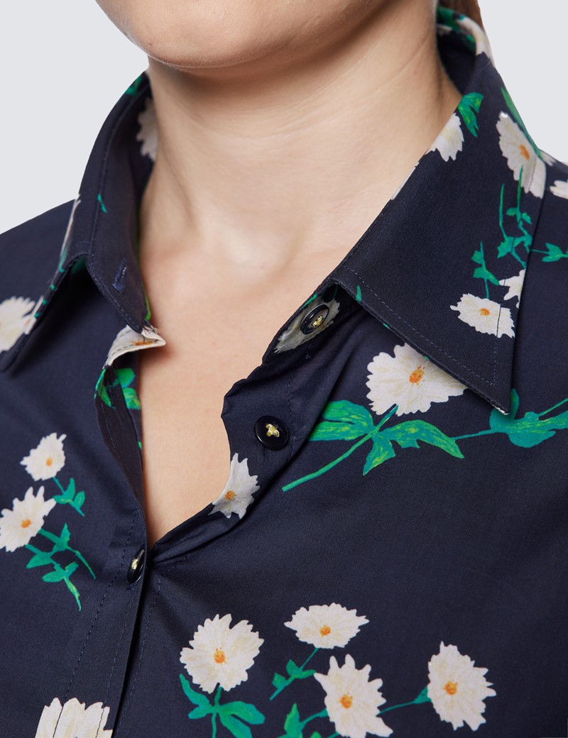 Women's Navy & White Floral Print Semi Fitted Cotton Shirt