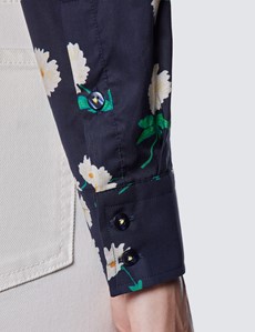 Women's Navy & White Floral Print Semi Fitted Cotton Shirt