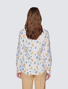 Women's White & Blue Floral Print Semi Fitted Cotton Shirt