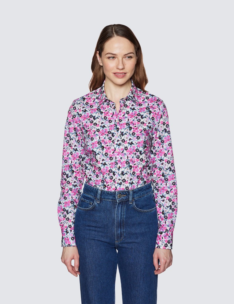 Women's Cream & Pink Floral Print Semi Fitted Cotton Shirt