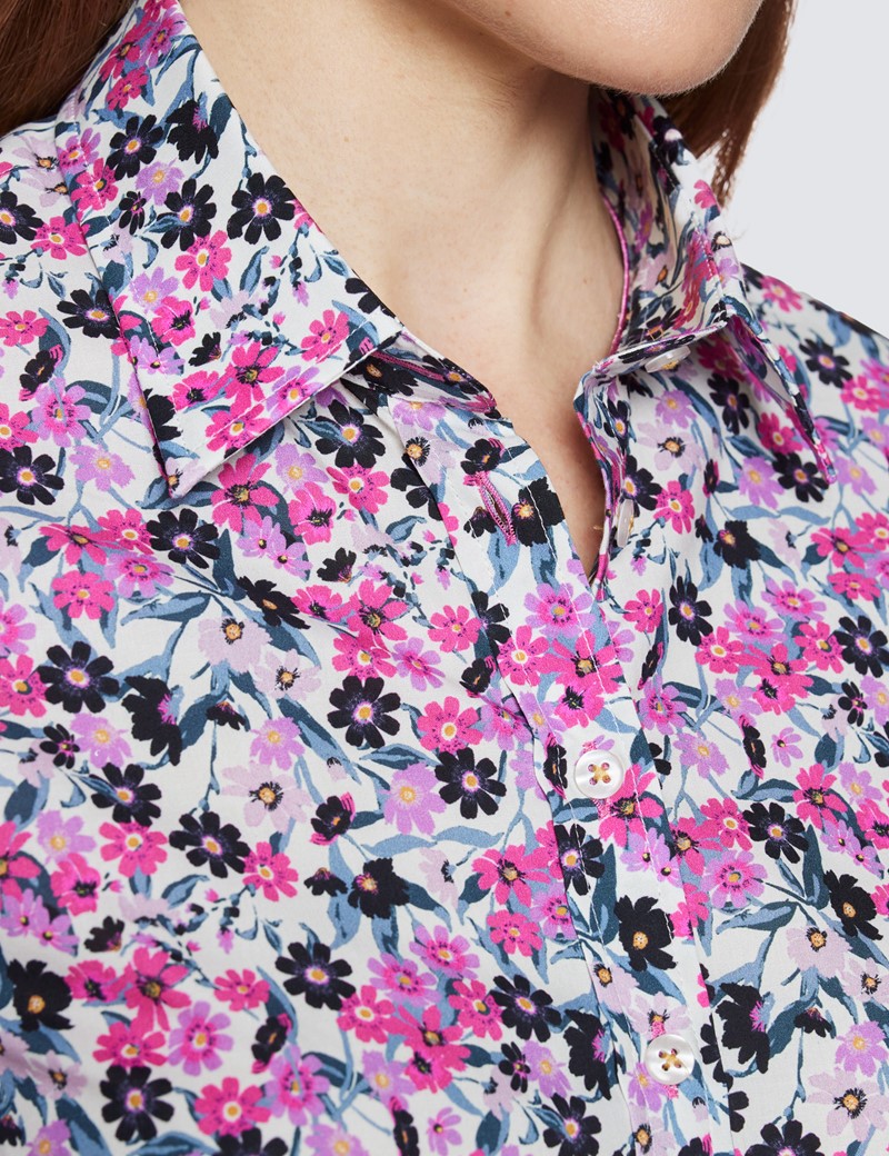 Women's Cream & Pink Floral Print Semi Fitted Cotton Shirt