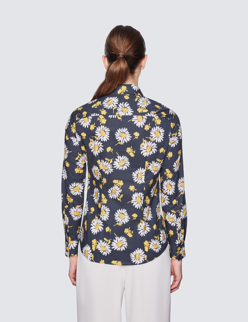 Women's Navy & Yellow Daisy Print Semi Fitted Cotton Shirt