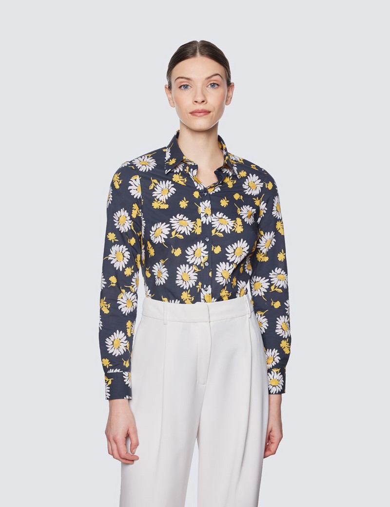 Women's Navy & Yellow Daisy Print Semi Fitted Cotton Shirt