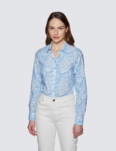 Women's White & Blue Vintage Paisley Print Semi Fitted Cotton Shirt