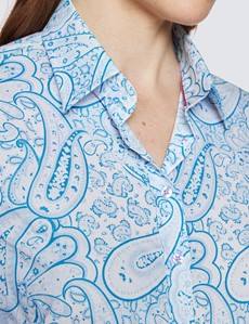 Women's White & Blue Vintage Paisley Print Semi Fitted Cotton Shirt