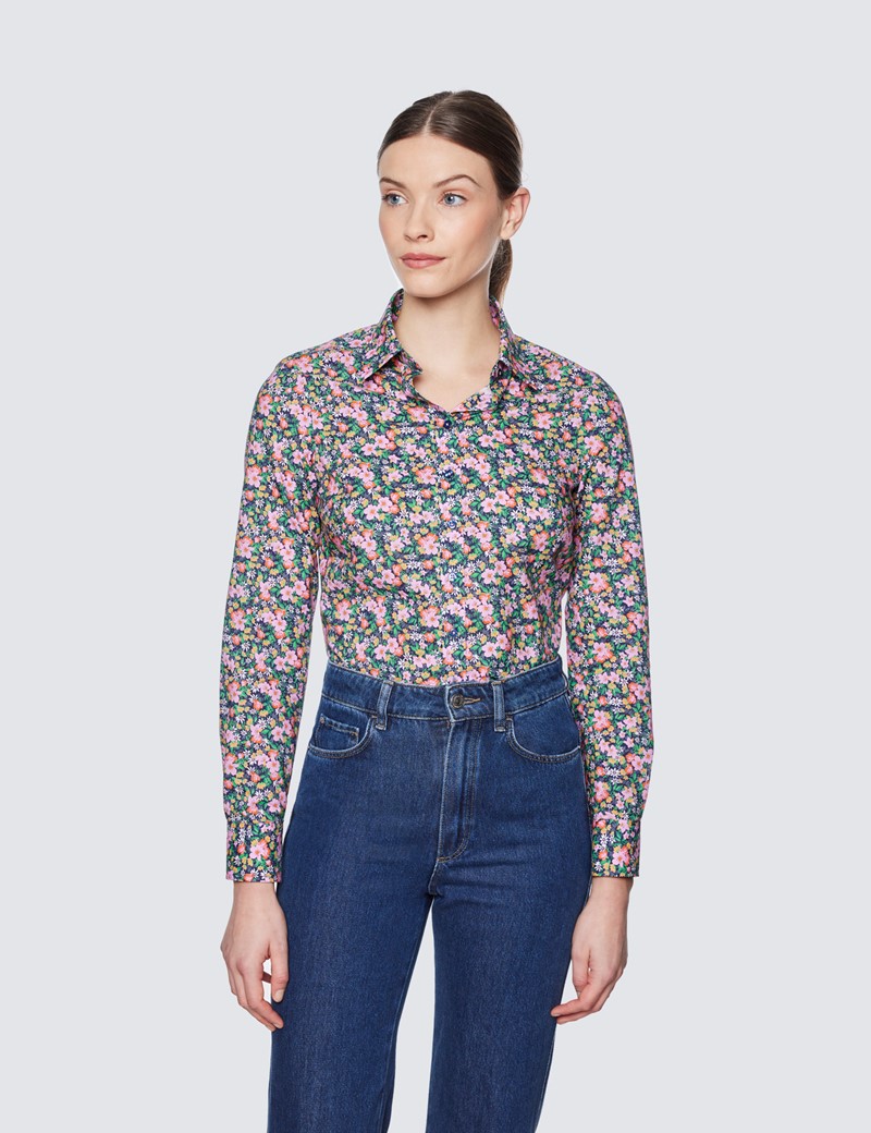 Women's Navy & Pink Floral Print Semi Fitted Cotton Shirt