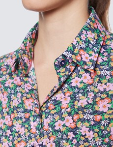 Women's Navy & Pink Floral Print Semi Fitted Cotton Shirt