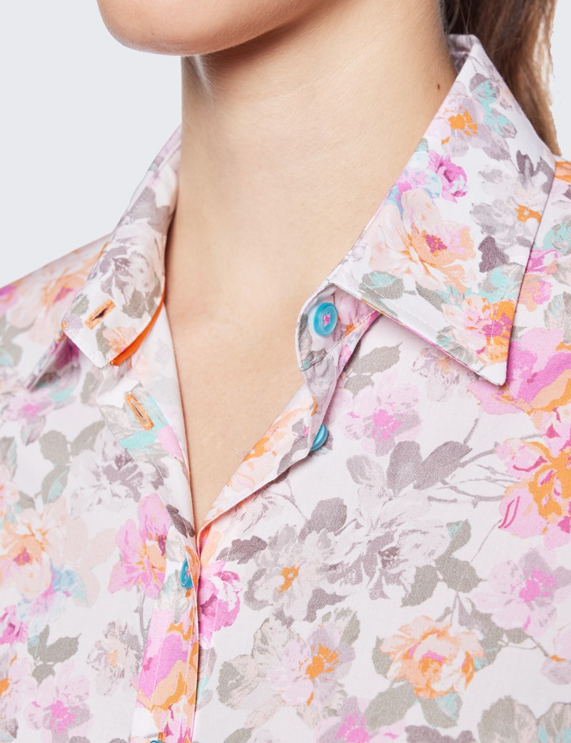 Women's White & Pink Floral Print Semi Fitted Cotton Shirt