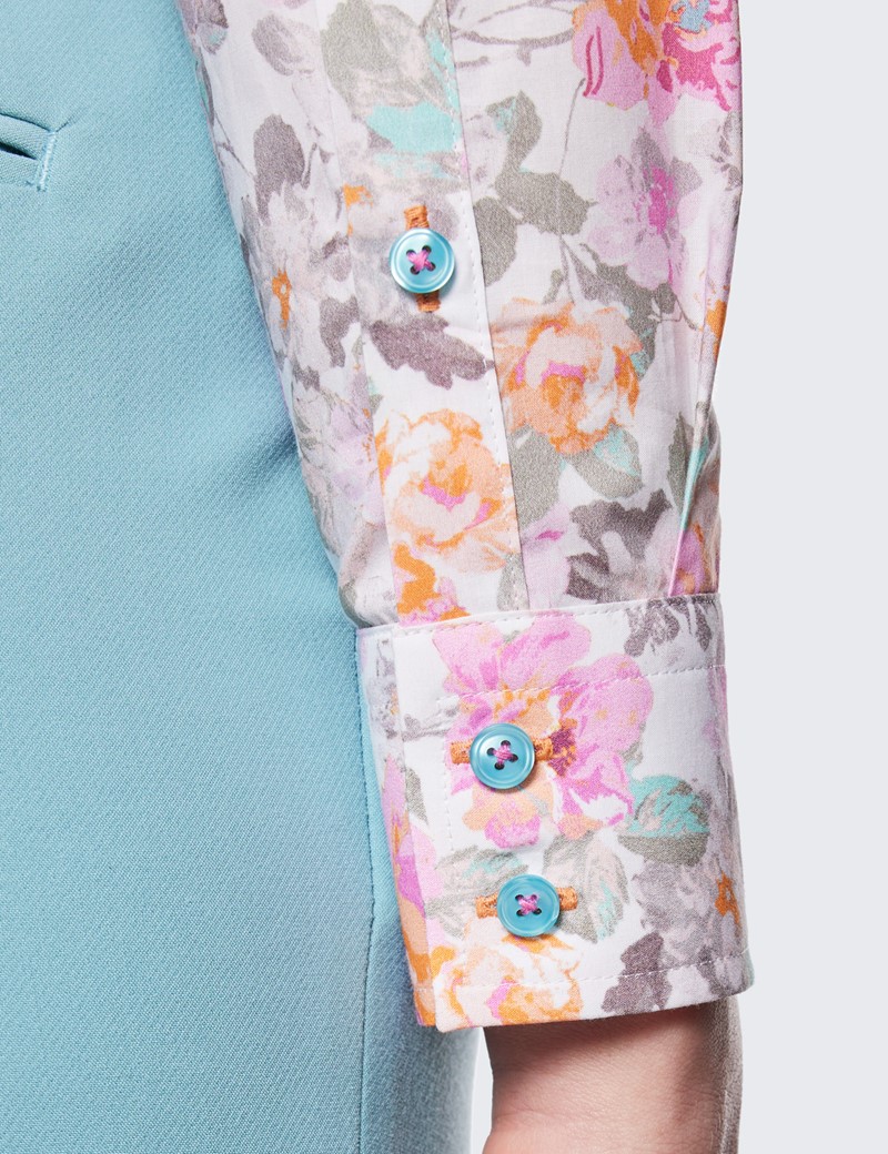 Women's White & Pink Floral Print Semi Fitted Cotton Shirt