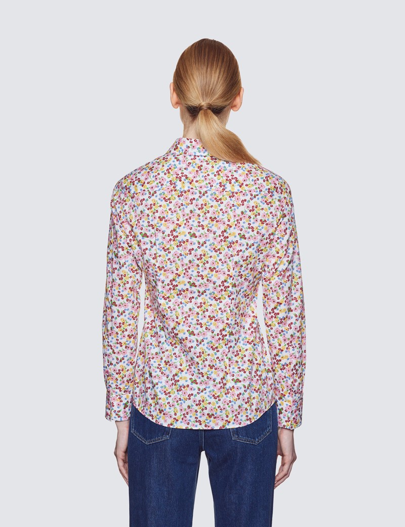 Women's White & Pink Small Floral Print Semi Fitted Cotton Shirt
