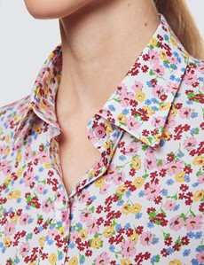 Women's White & Pink Small Floral Print Semi Fitted Cotton Shirt