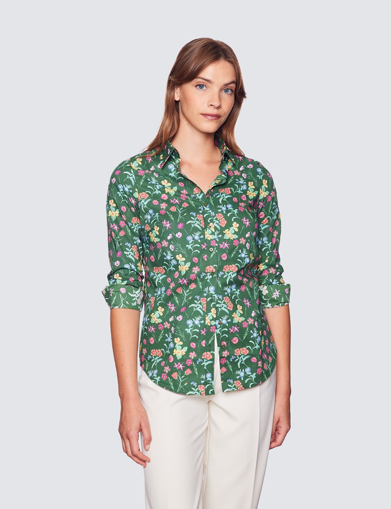 Women's Green & Pink Floral Print Semi Fitted Cotton Stretch Shirt