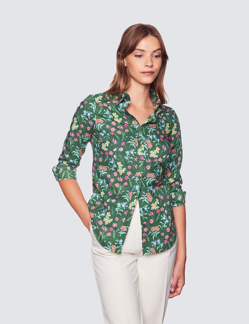 Women's Green & Pink Floral Print Semi Fitted Cotton Stretch Shirt