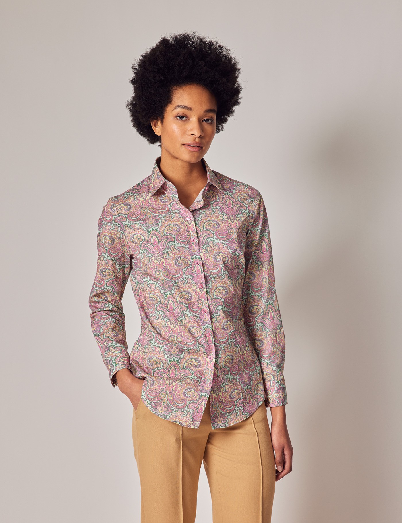 hawes & curtis green & pink paisley semi fitted cotton stretch shirt