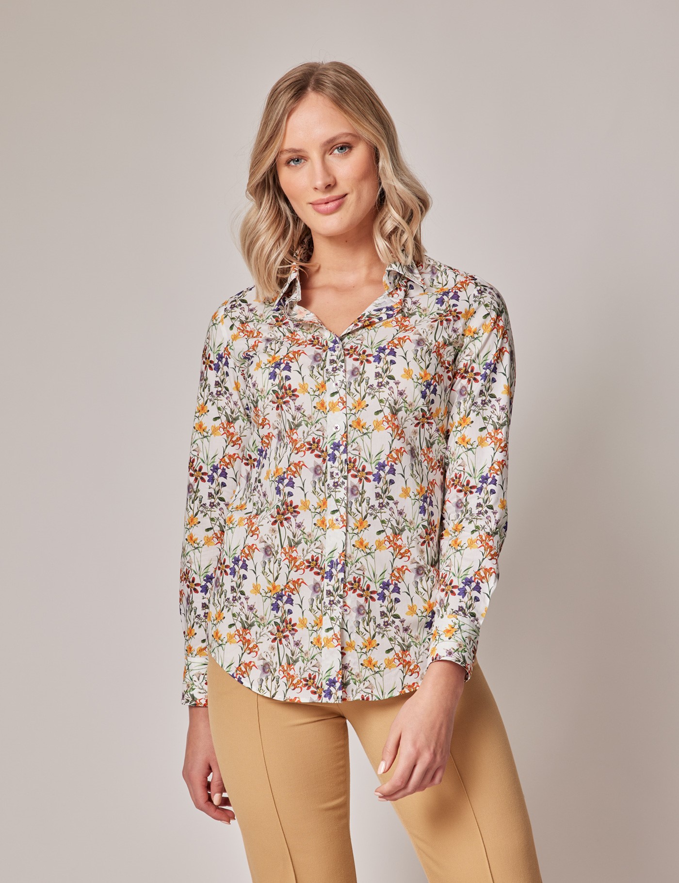White & Yellow Floral Print Semi Fitted Cotton Shirt | Hawes & Curtis