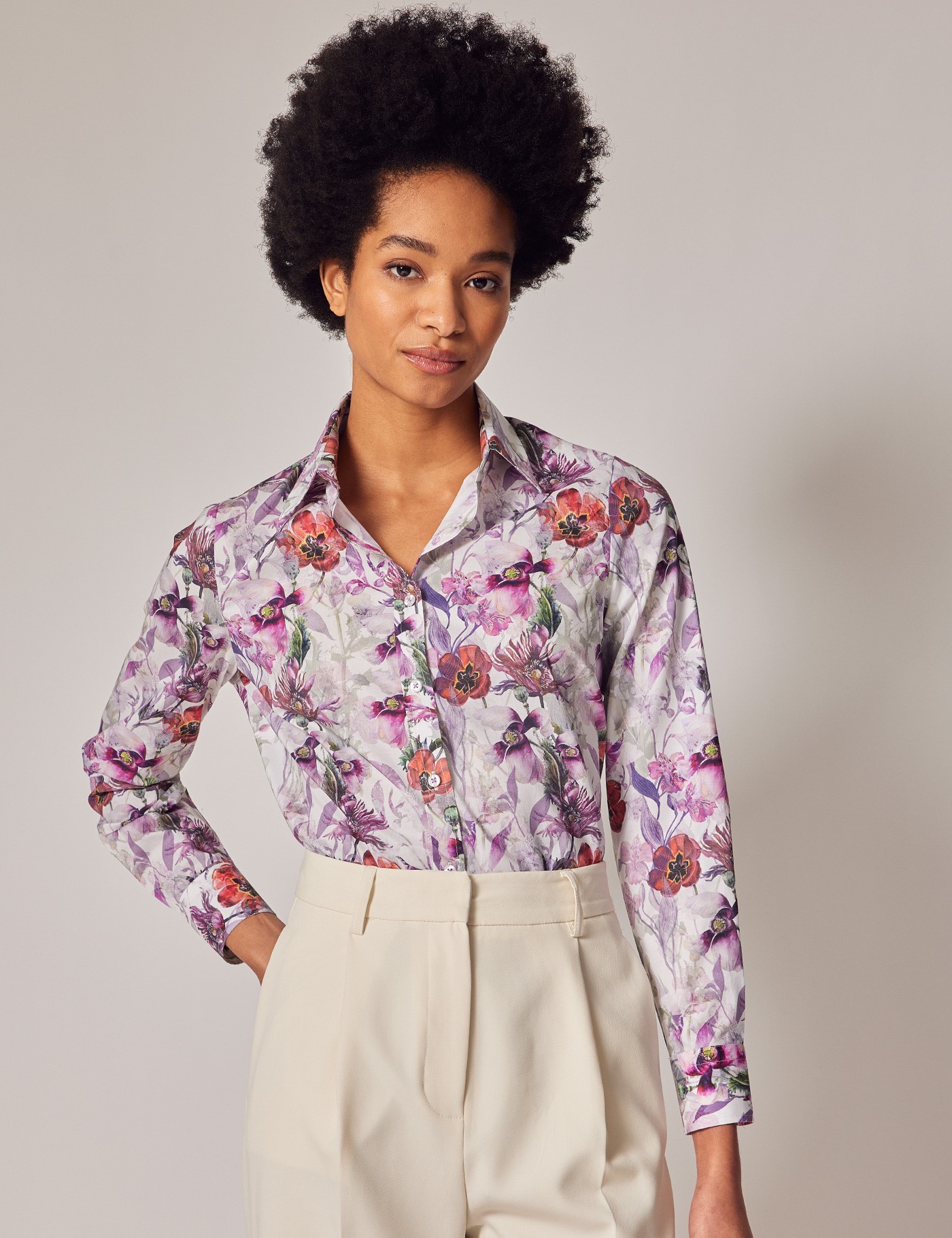 Women's White & Purple Floral Semi-Fitted Cotton Shirt