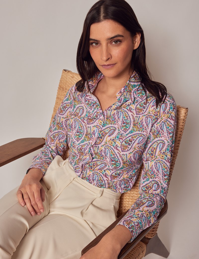 Women's Pink & Yellow Paisley Semi-Fitted Cotton Shirt