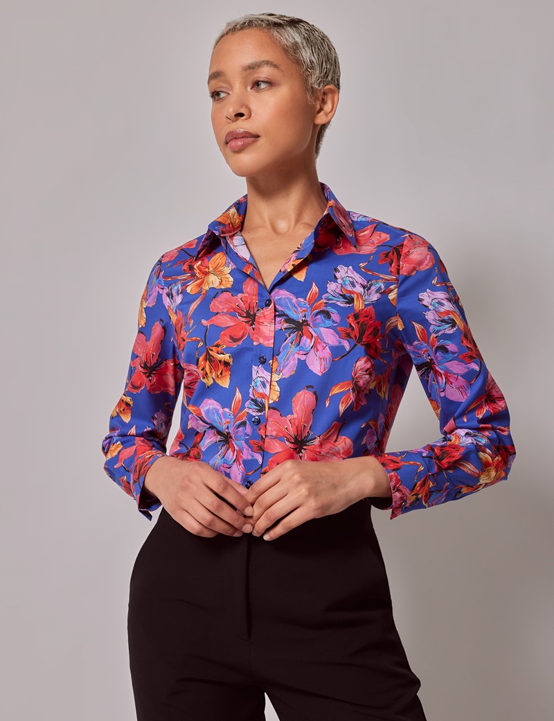 Women's Green & Pink Floral Print Semi Fitted Cotton Stretch Shirt