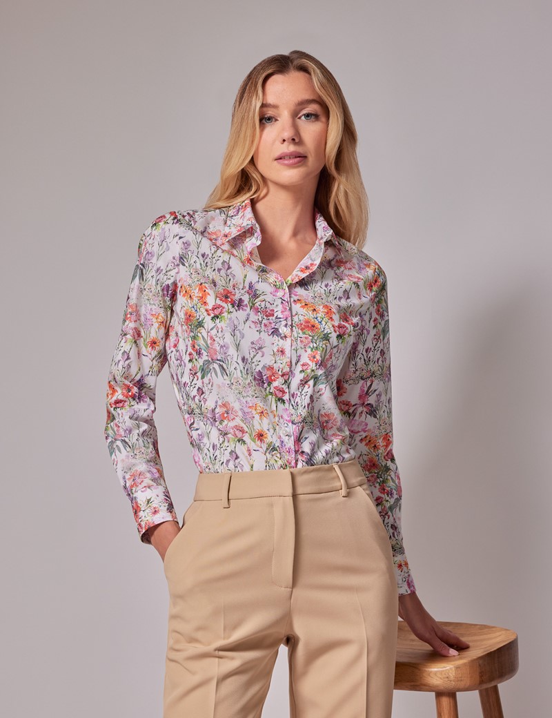 White & Red Floral Semi-Fitted Cotton Shirt