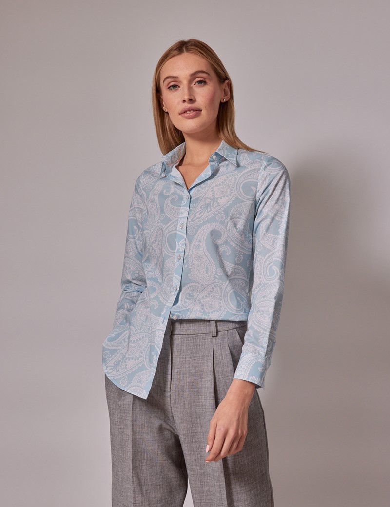 Women's Blue & White Paisley Semi-Fitted Cotton Shirt | Hawes & Curtis