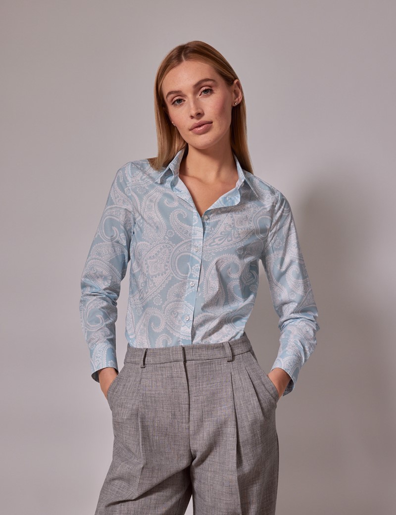 Women's Blue & White Paisley Semi-Fitted Cotton Shirt | Hawes & Curtis