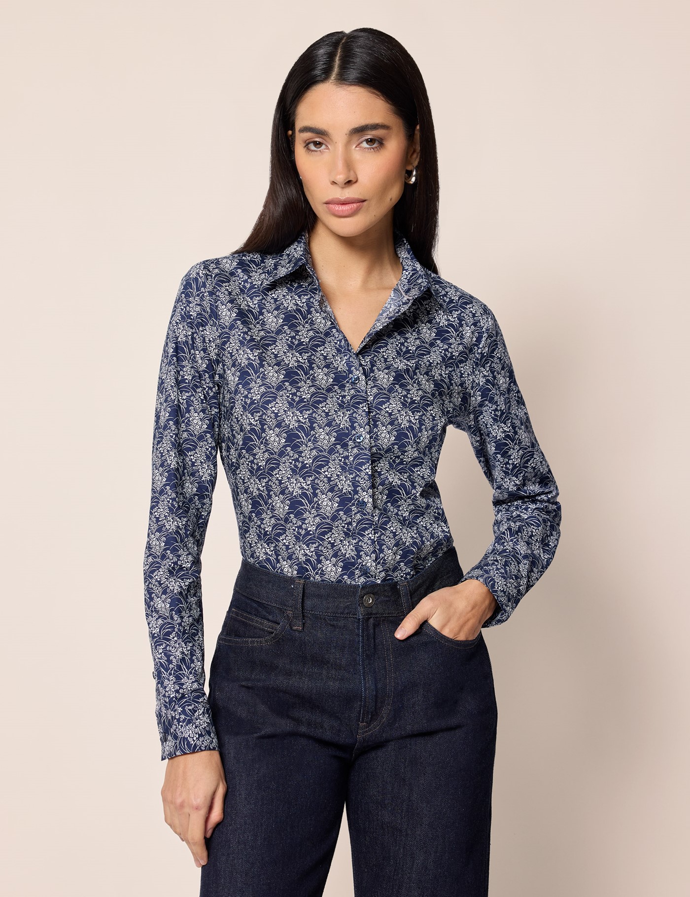 & Semi Fitted Navy & Floral Shirt