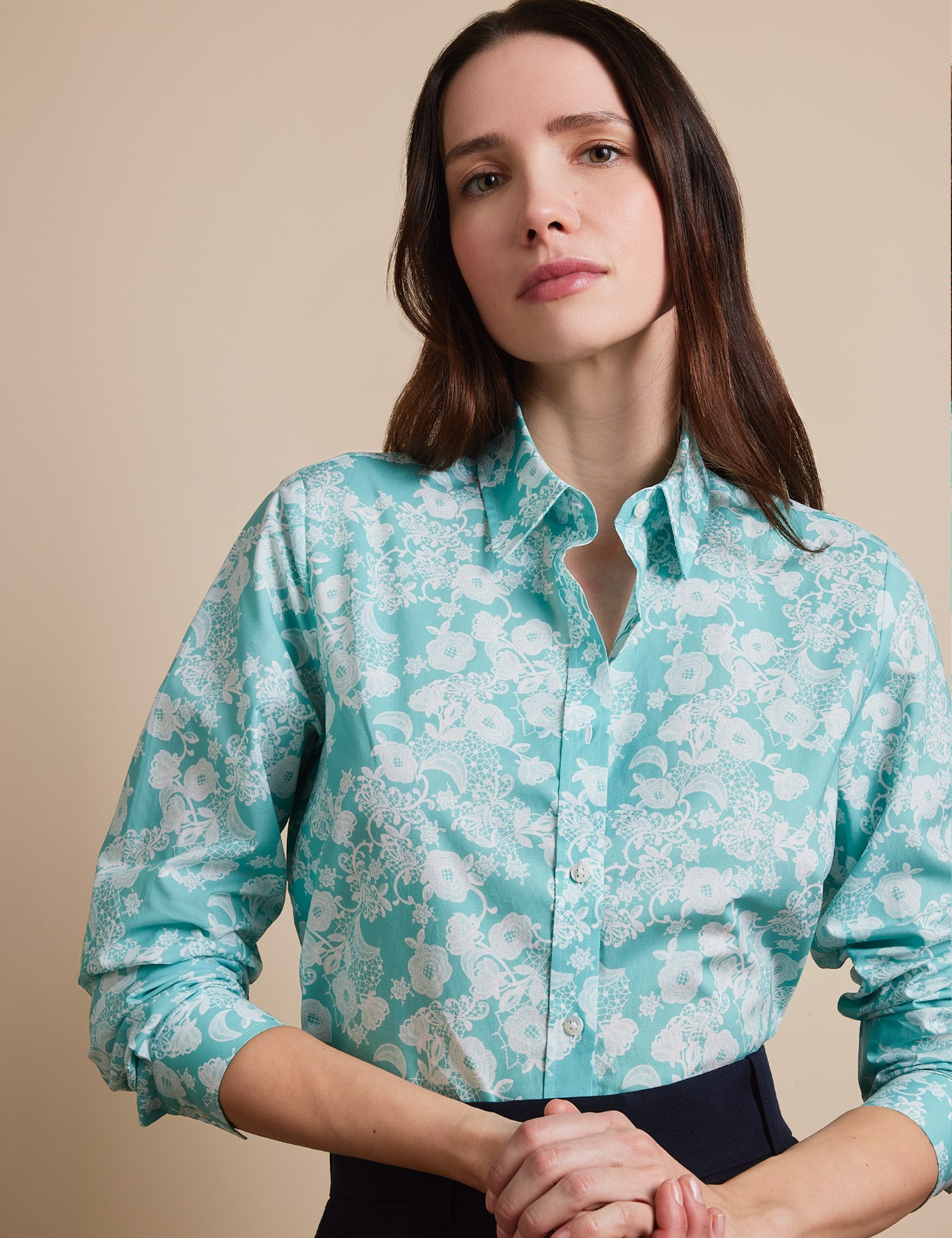 Hawes & Curtis Semi-Fitted Teal & White Floral Shirt Size: 8 image 2