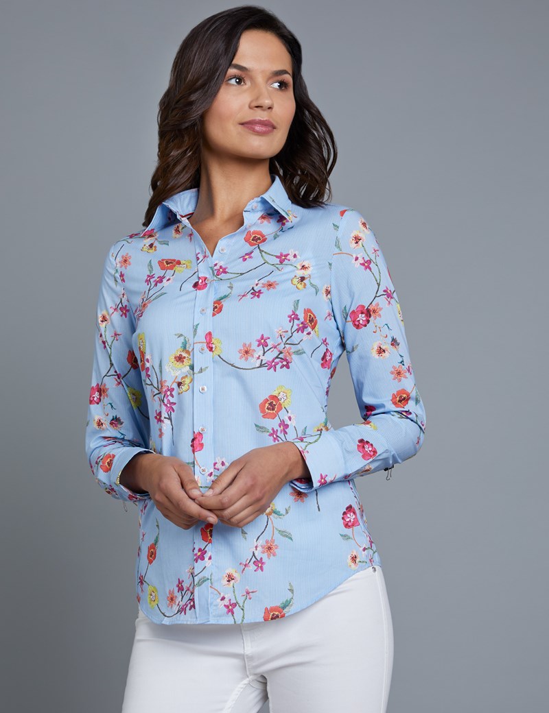 Women's Blue & White Floral Semi Fitted Shirt - Single Cuff | Hawes ...