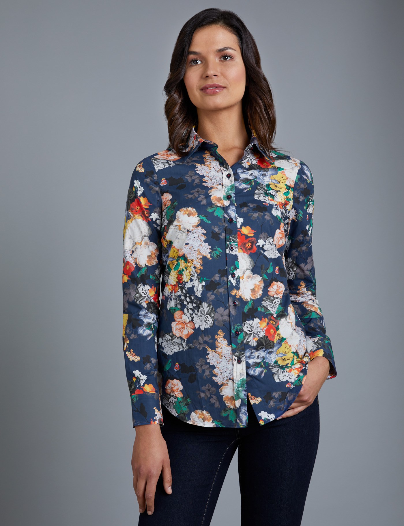Women's Navy Floral Semi Fitted Shirt - Single Cuff | Hawes & Curtis