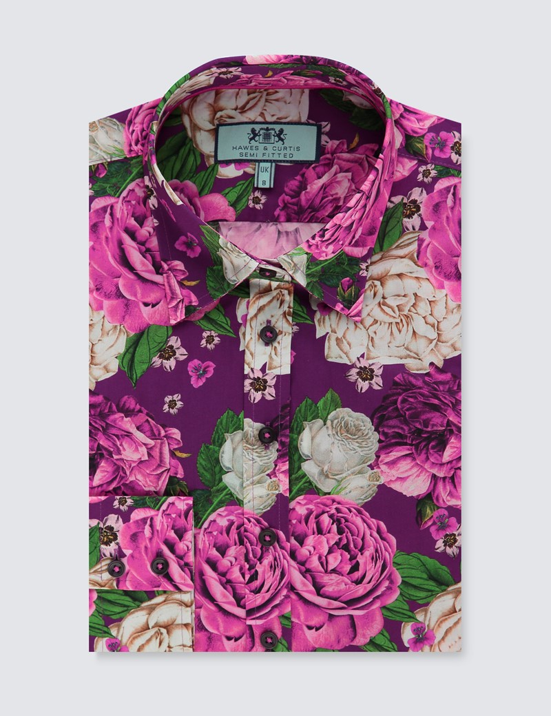 Women S Pink And Purple Rose Print Semi Fitted Shirt