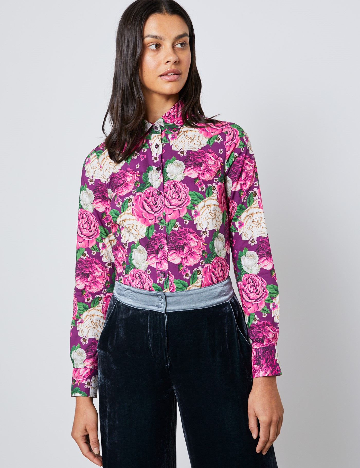 Women S Pink And Purple Rose Print Semi Fitted Shirt