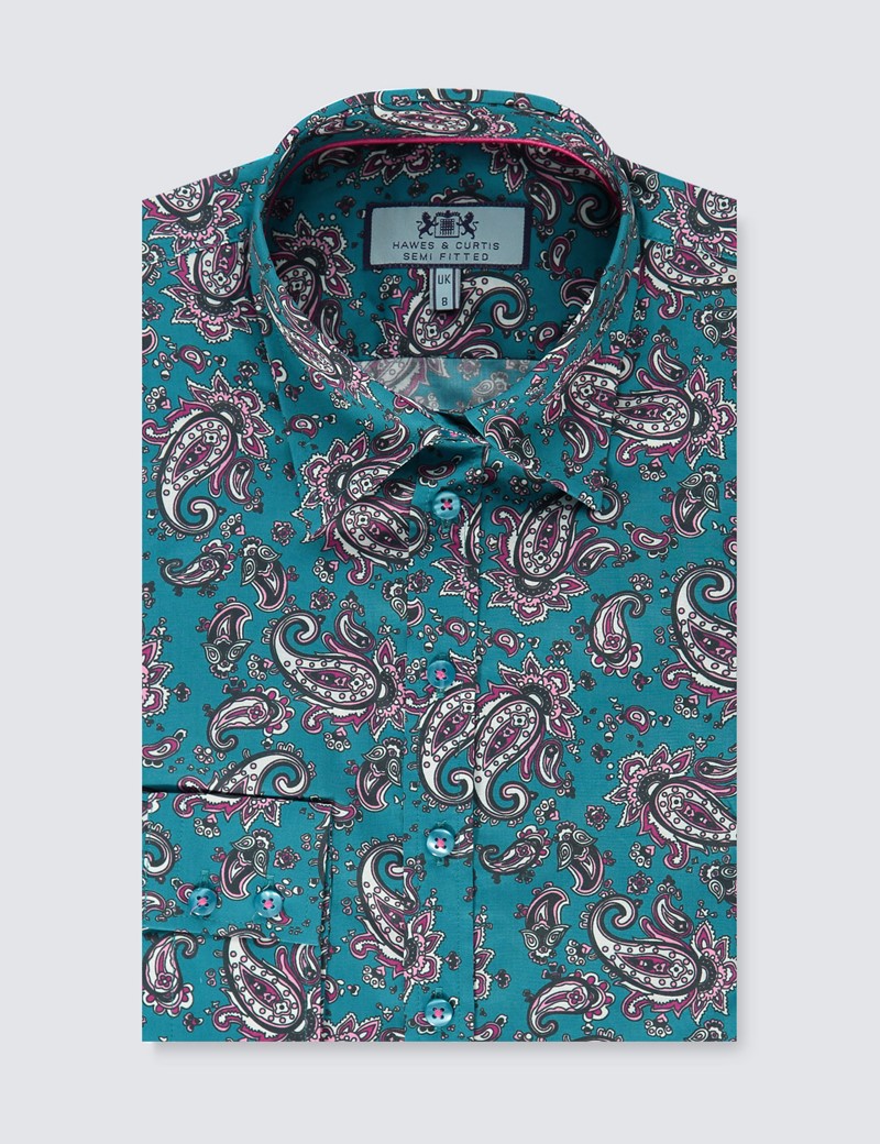 Women's Turquoise Paisley Semi Fitted Shirt - Single Cuff | Hawes & Curtis