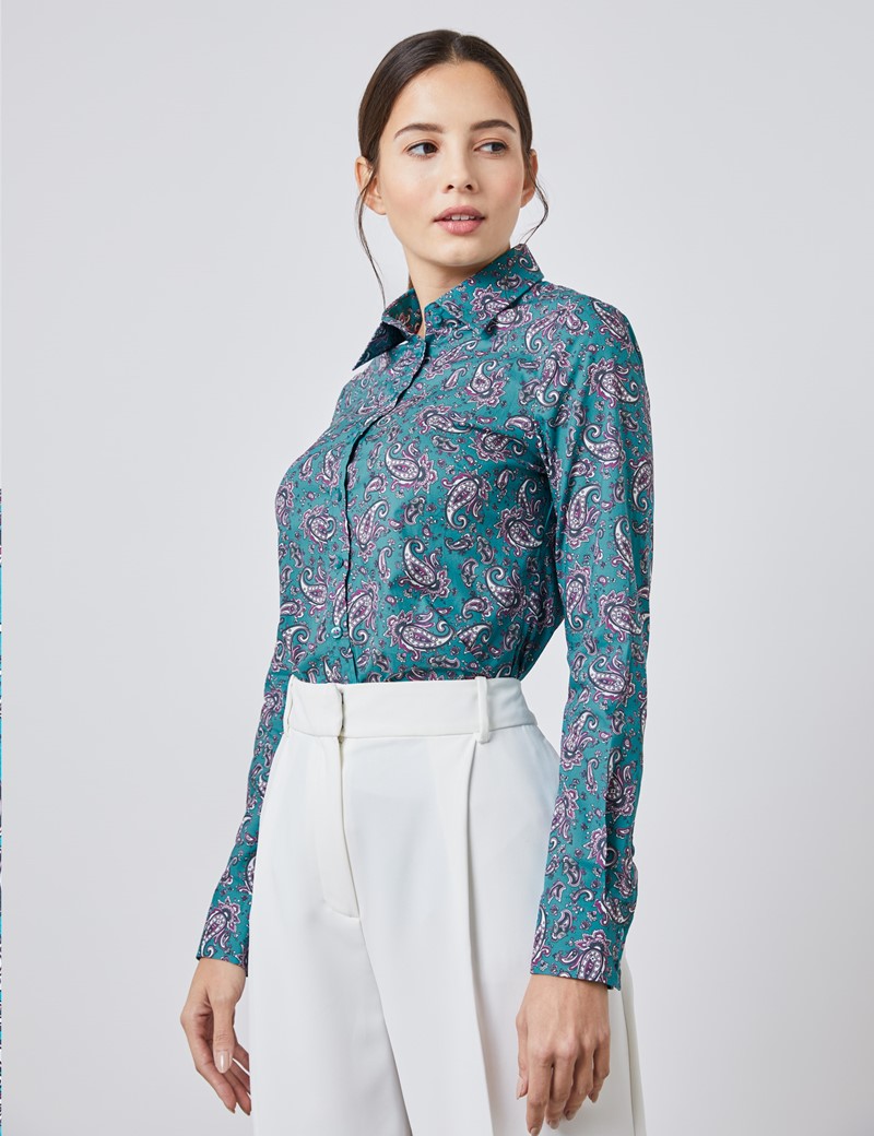 Women's Turquoise Paisley Semi Fitted Shirt - Single Cuff | Hawes & Curtis