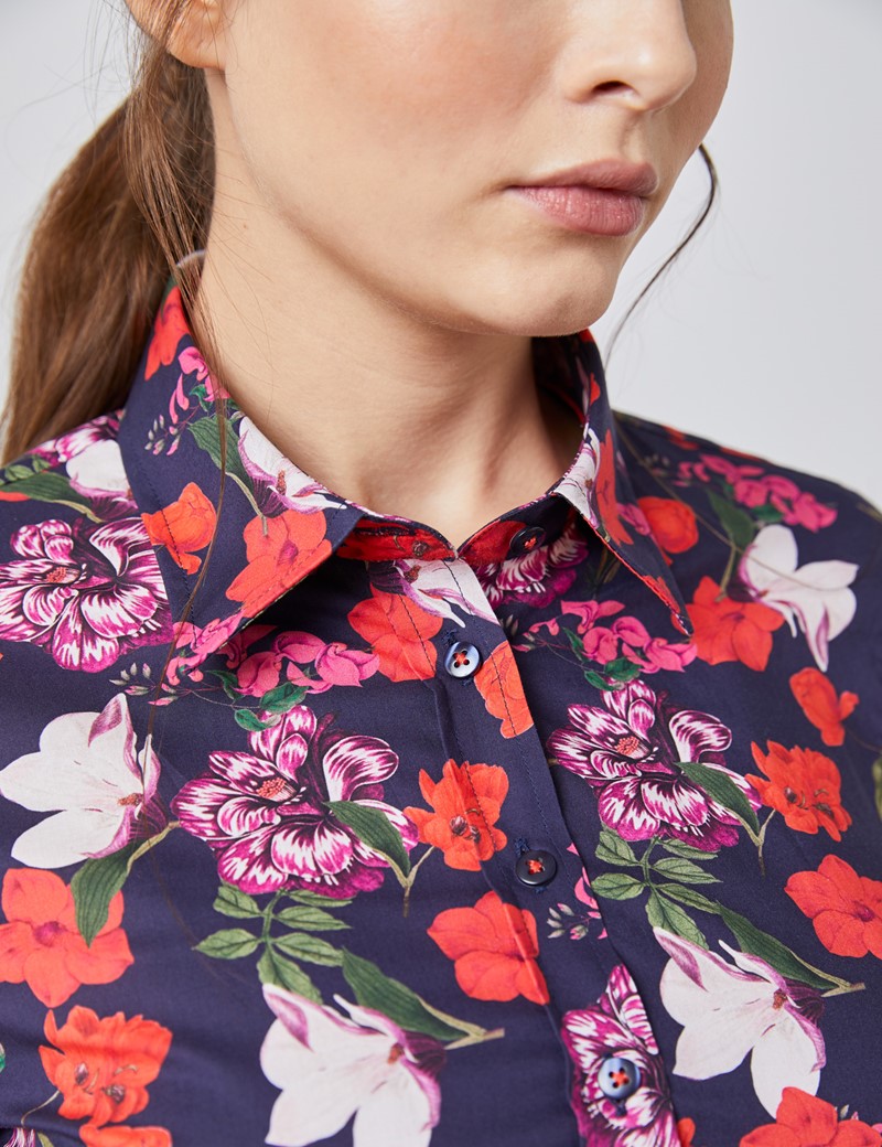 Women's Navy & Red Floral Semi Fitted Shirt Single Cuff Hawes & Curtis