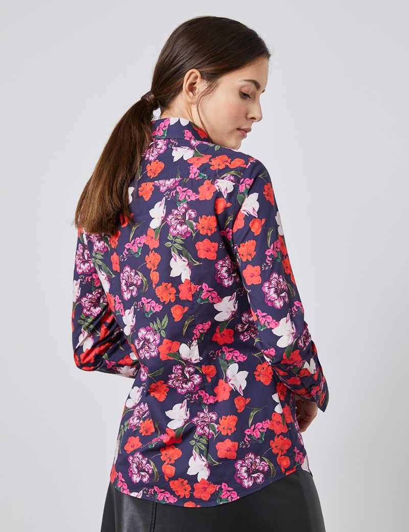 Women's Navy & Red Floral Semi Fitted Shirt Single Cuff Hawes & Curtis