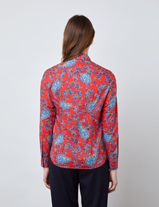 Women's Red & Navy Floral and Paisley Print Semi Fitted Shirt - Single Cuff