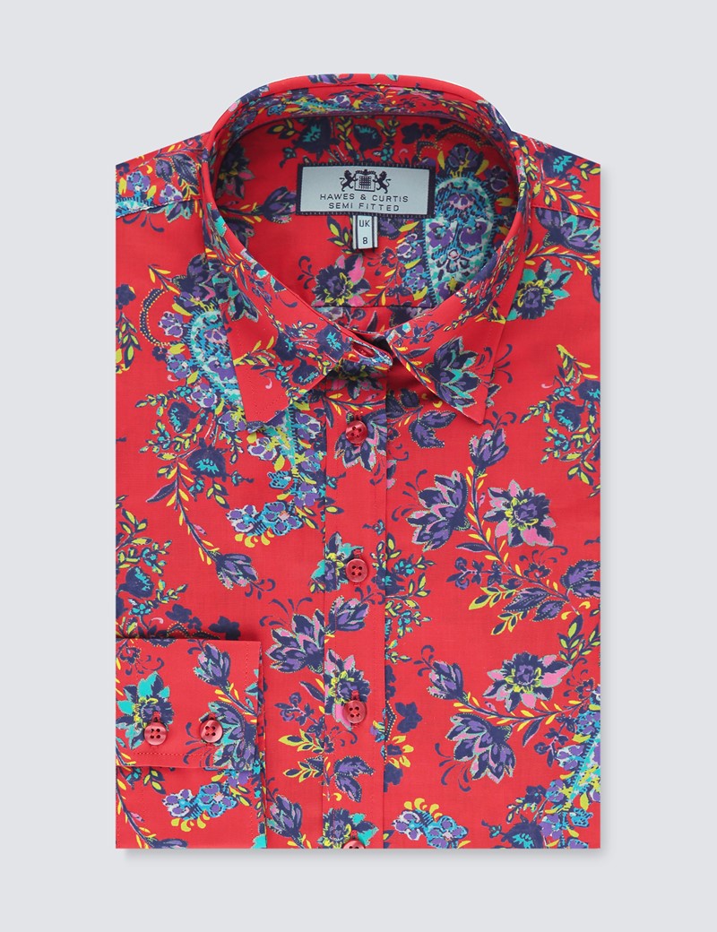 Women's Red & Navy Floral and Paisley Print Semi Fitted Shirt - Single Cuff